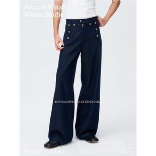 重工宽松直筒微喇长裤 weave 藏青色廓形海军风甲板裤 白 独特设计