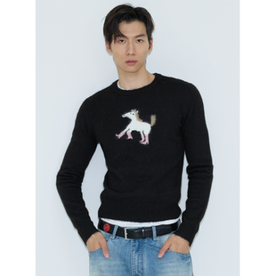 短款 深咖色新年小马图案修身 weave 羊驼毛混纺圆领毛衣 现货