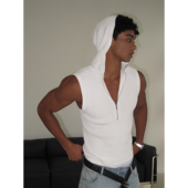 度假小众透气男装 weave黑 上衣 无袖 背心短款 白 灰拉链连帽修身