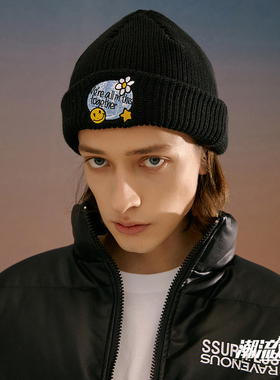 RAVENOUS原创设计地球笑脸刺绣冷帽毛线帽粗线针织帽