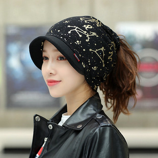 空顶帽女ins 潮牌马尾帽冬韩版包头帽欧美复古围脖帽子两用多功能