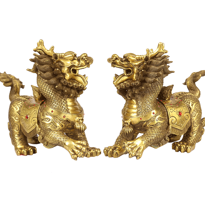 鼎风阁 黄铜麒麟摆件大号一对铜火麒麟八卦家居小号麒麟摆件