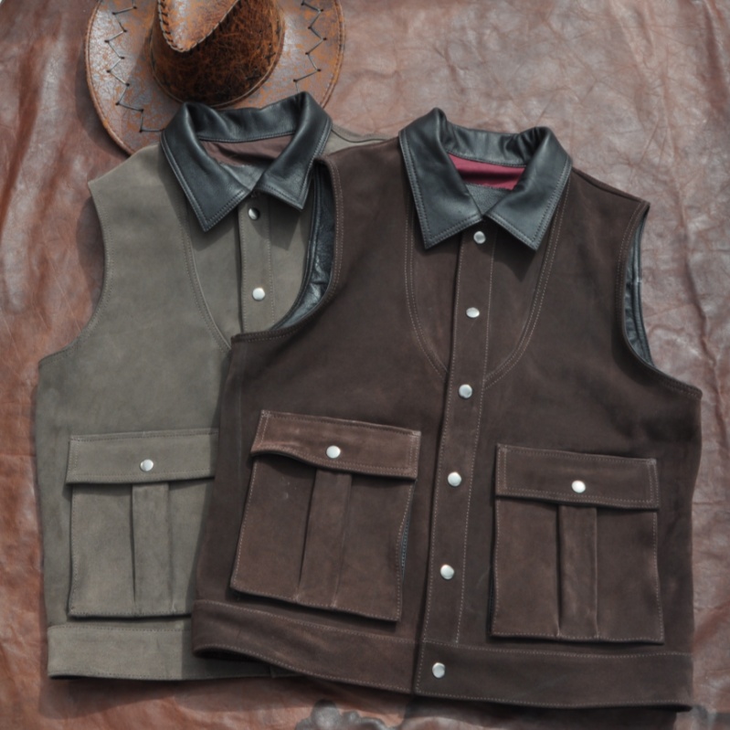 翻毛牛皮工装大兜背心