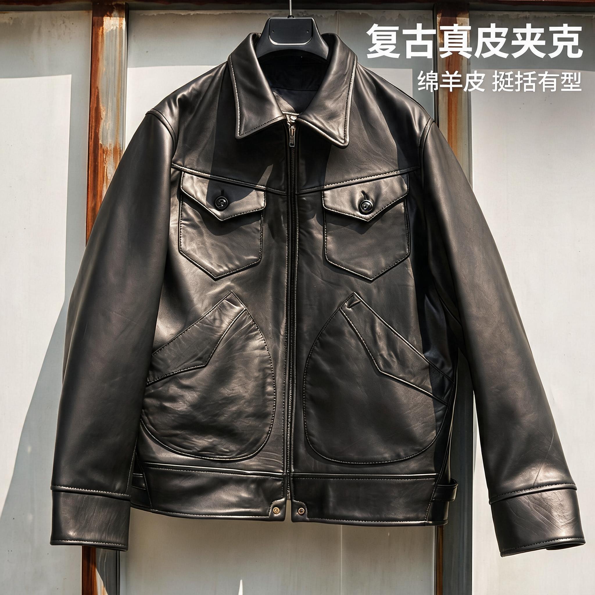 西部复古门多萨 甄选新西兰绵羊皮细腻柔软厚重短款夹克男款皮衣