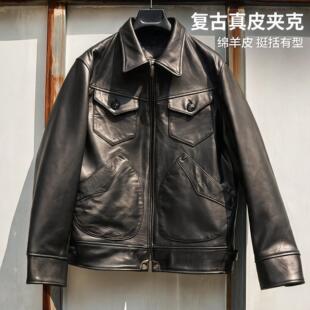 西部复古门多萨 甄选新西兰绵羊皮细腻柔软厚重短款夹克男款皮衣