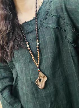 覆古手工檀木项坠女长版毛衣项炼民族风服饰品挂件简约个性吊坠