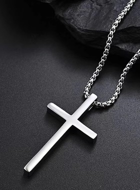 纯银光面十字架吊坠男士项链潮牌百搭嘻哈定制刻字情侣配饰毛衣链
