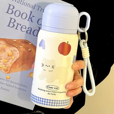 高颜值新款保温杯女生吸管杯子学生上学专用苹果小猫水杯可爱带盖