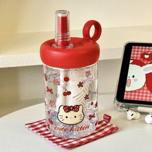 塑料吸管杯女生高颜值学生小巧便携杯子可爱kt猫耐高温泡茶水杯