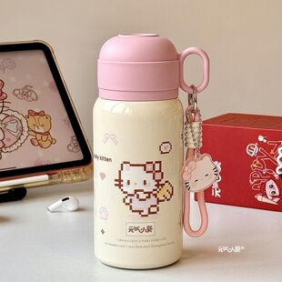 拼豆像素kt猫保温杯女生高颜值可爱便携吸管水杯学生双饮杯子女孩