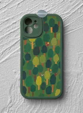 小白绘绿色森林插画iPhone13promax苹果15手机壳小米14全包防摔mate60软套华为nova12plus羊皮p70荣耀100适用