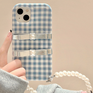 日韩蓝色格纹珍珠链条适用苹果15手机壳新款iphone14promax小清新12简约小众11女13promax高级感14pro手机套