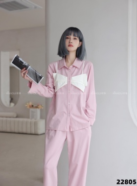纯棉睡衣女士春秋韩版长袖高级感蝴蝶结气质全棉家居服套装22805