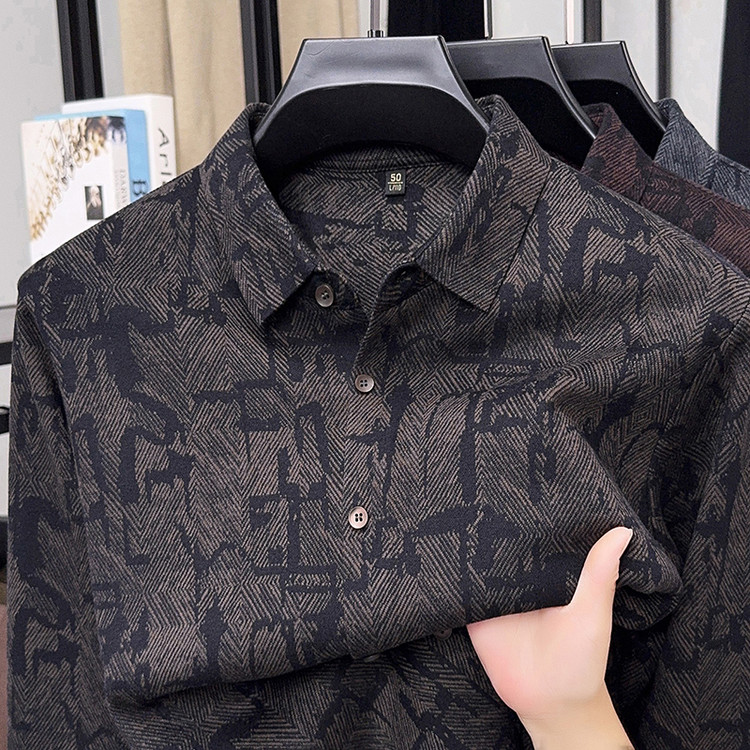 高档羊毛衬衫男长袖春秋新款商务休闲衬衣中年爸爸装印花羊毛衫男