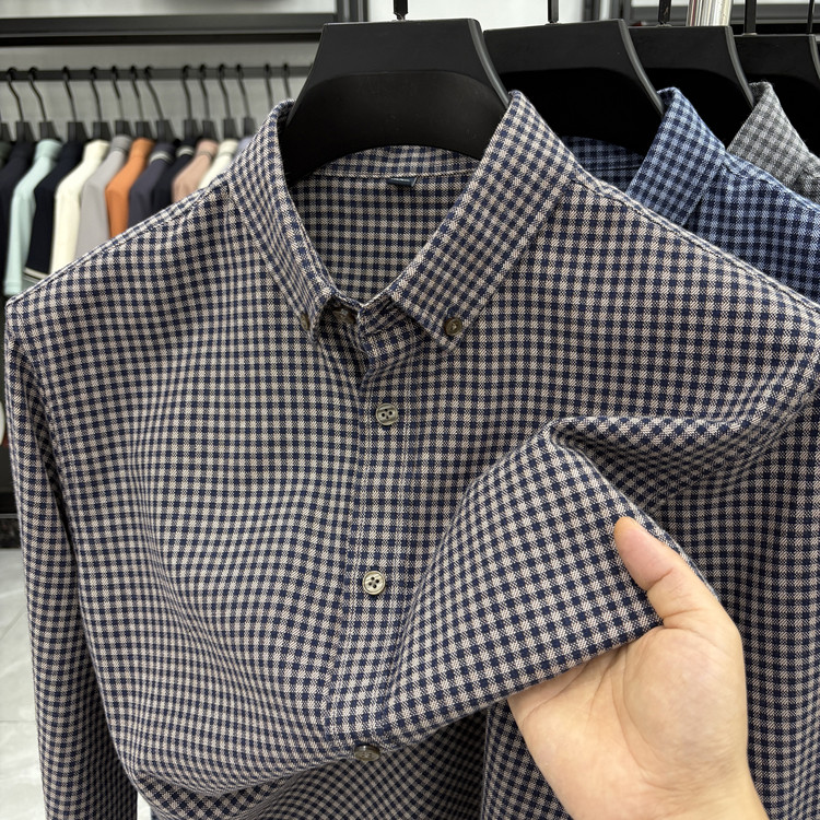 25年秋季新款千鸟格子磨毛男士长袖衬衫商务休闲宽松纯棉潮流衬衣