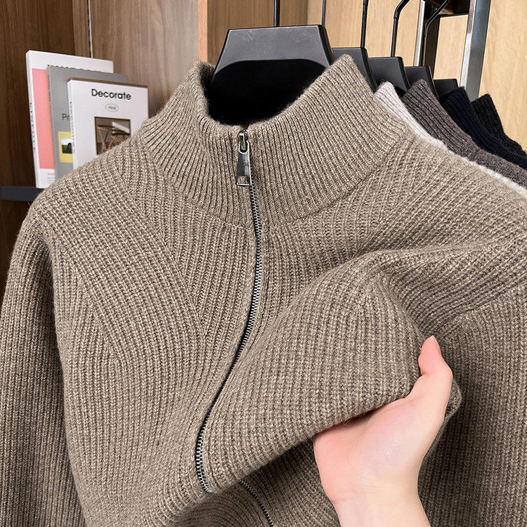 秋冬季男士针织拉链外套慵懒休闲高领纯羊毛毛衣开衫厚实立领外套