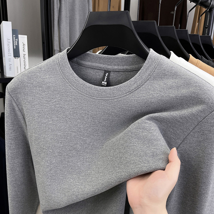 2025秋冬季新款双面德绒t恤男士圆领纯色套头中年长袖打底衫内搭