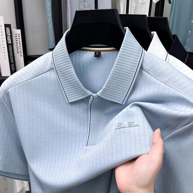 夏季新款丝光长绒棉短袖T恤男士polo衫中年纯色休闲宽松翻领上衣