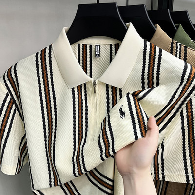 2026新款男士夏季纯棉短袖翻领条纹POLO衫商务休闲凉感宽松T恤衫