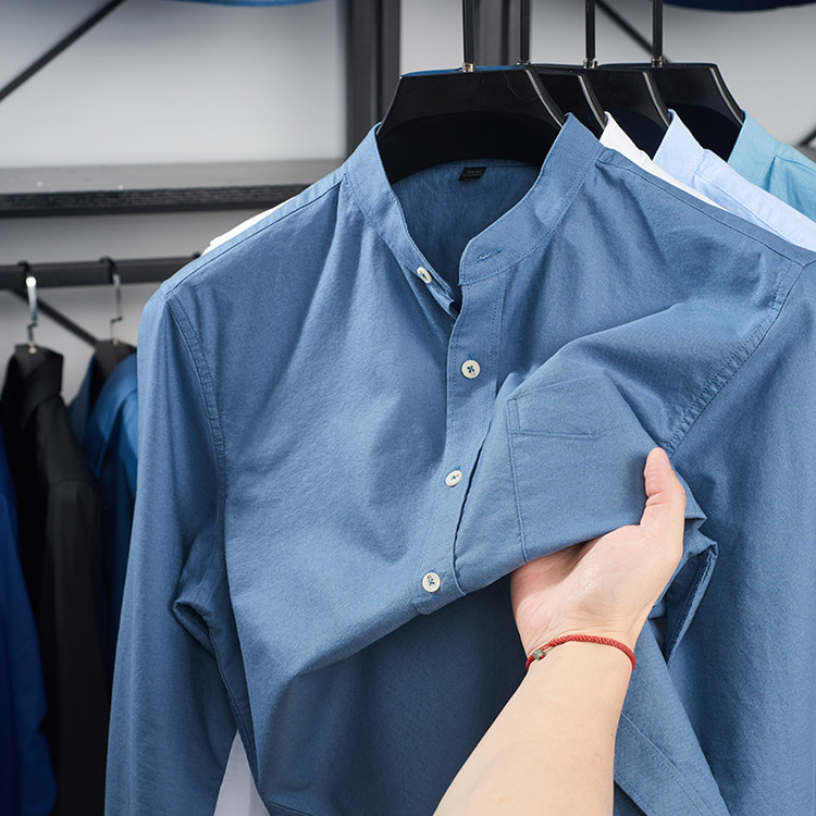 2025年新款纯棉牛津纺中式立领衬衫男长袖有口袋春季商务休闲衬衣