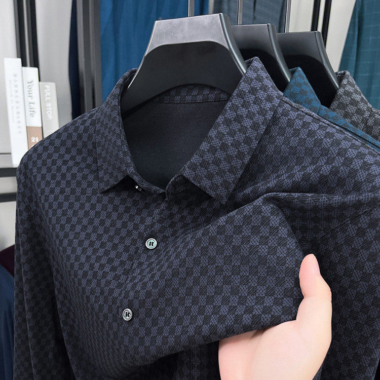 含羊毛衬衫轻奢男士休闲格子衬衣男装修身英伦长袖衬衫男商务潮流
