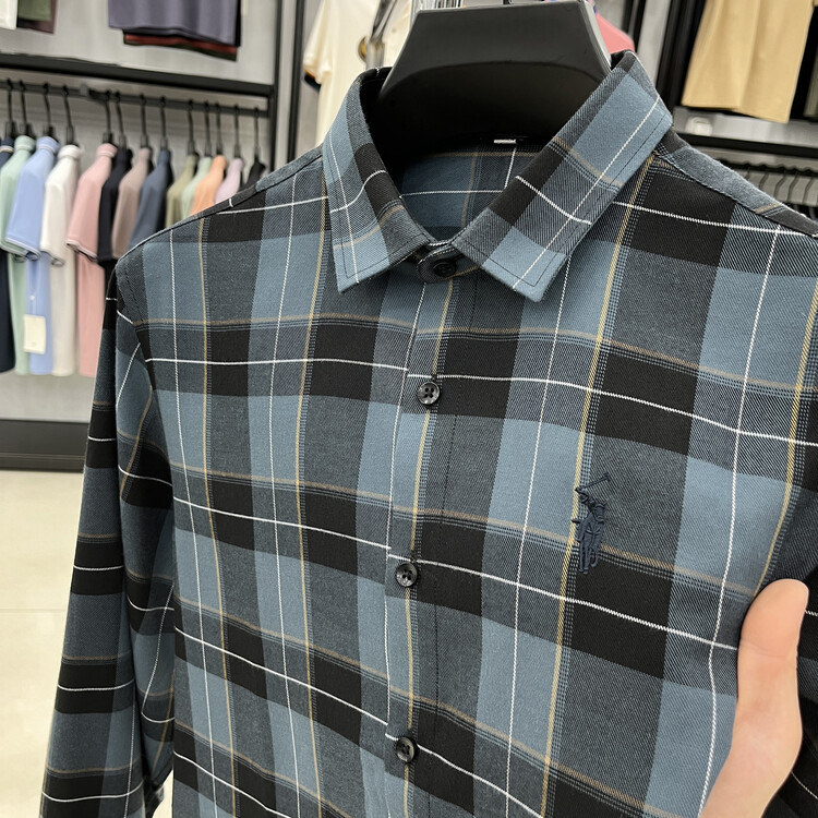 高端休闲中青年男士衬衣春秋季休闲百搭格子衬衣抗皱长袖磨毛衬衫