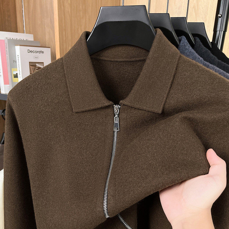 高档纯羊毛针织衫开衫外套翻领拉链休闲商务夹克中青年男士羊毛衫