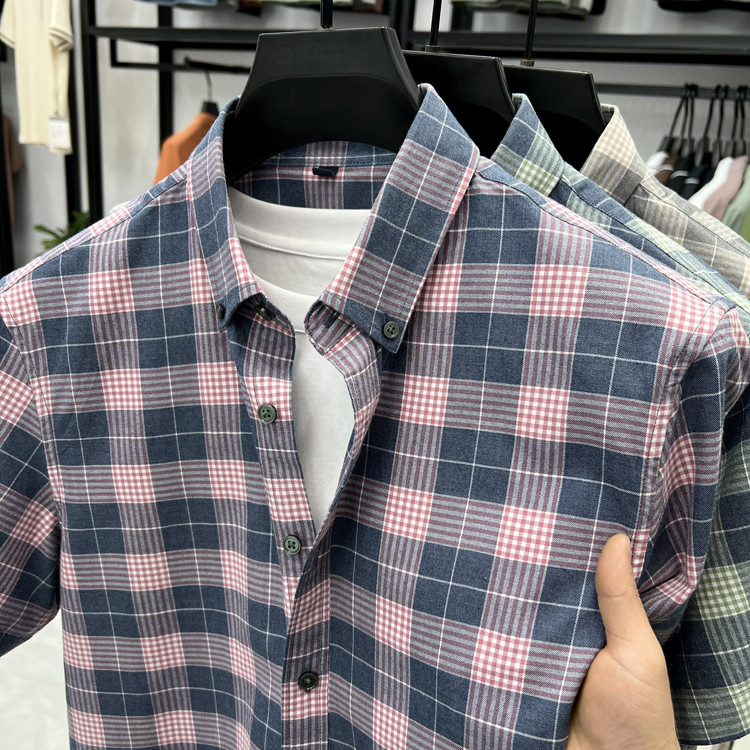 夏季薄款高级感港风格子短袖衬衫男宽松休闲免烫衬衣青年潮流寸衣