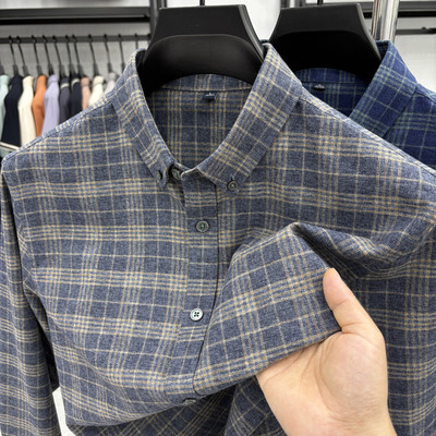 高端经典款加厚磨毛格子衬衣男秋冬季100%纯棉免烫长袖衬衫男上衣