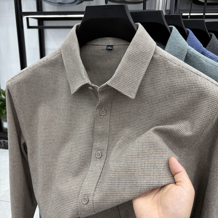 秋季新款高档加厚磨毛长袖衬衫商务休闲含羊毛莫代尔中年男士衬衣