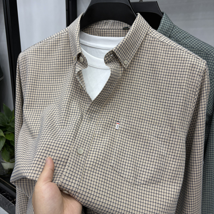 2025秋季新款男士纯棉长袖衬衫商务休闲高端磨口袋毛中年格子衬衣