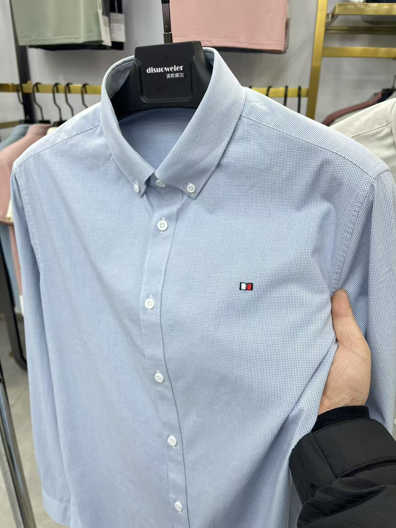 2025春季刺绣千鸟格子长袖衬衫中青年男士休闲衬衣免烫男装寸衫潮