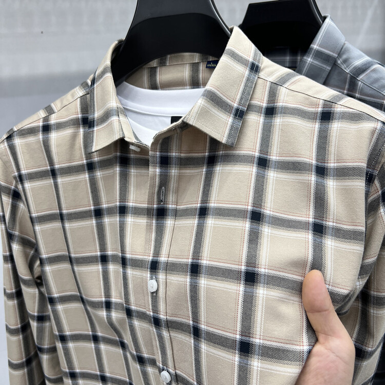 100%纯棉高端春秋季磨毛衬衫格纹宽松长袖中青年男士商务休闲衬衣