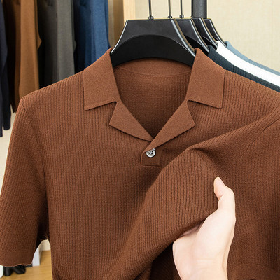 百分百纯澳羊毛抗起球男翻领一粒扣短袖针织衫中年秋冬季打底毛衣