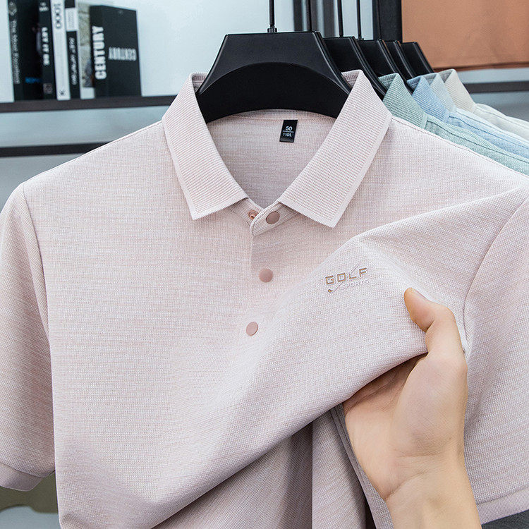 夏季高端冰丝户外t恤男短袖翻领冰感速干男士t血带领提花中年体恤