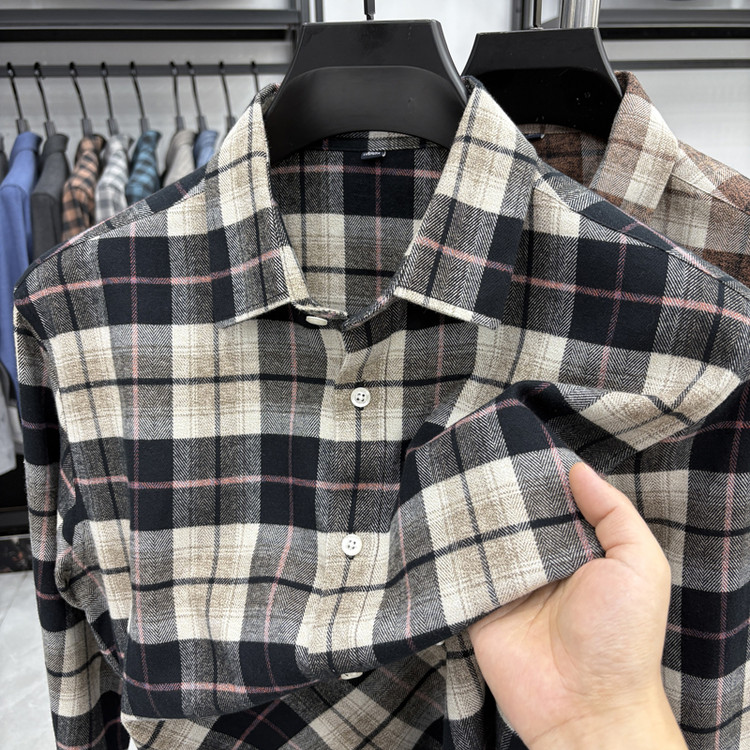 2025新款男士长袖衬衫商务美式休闲磨毛格子衬衣男装上衣外套男潮