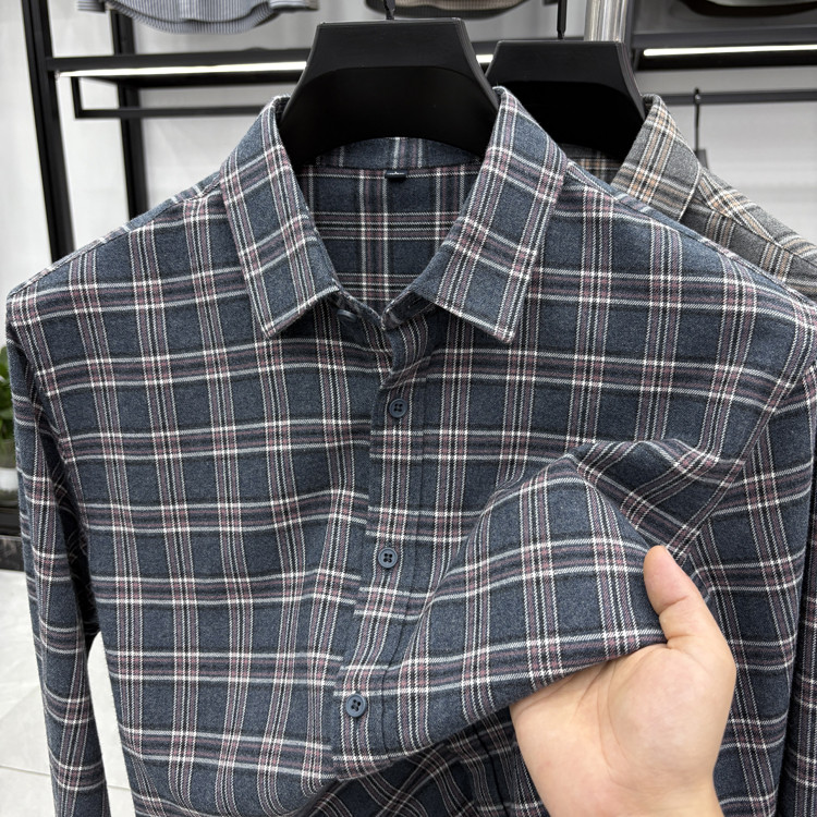 新款秋季高档羊毛长袖衬衫中青年男士商务休闲莫代尔加厚格子衬衣