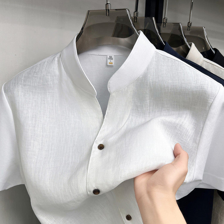 高级感夏季亚麻衬衫男短袖休闲风开衫透气轻量中年男士装微弹衬衫