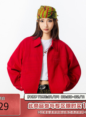 RIC哈灵顿夹克男秋季2025新款 宽松情侣装开衫潮牌美式红色外套女