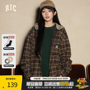 RickyisClown2024秋冬新款美式复古刺绣格纹连帽开衫衬衫情侣同款