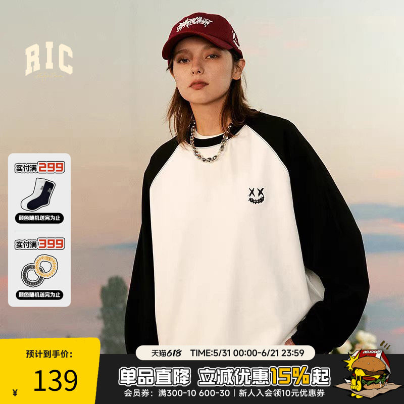 RIC 2025春秋撕裂笑脸撞色插肩长袖T恤男潮牌宽松情侣装上衣T恤女