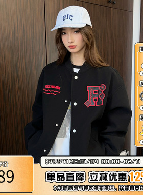 RIC 四叶草贴皮刺绣棒球服夹克男生秋季新款美式宽松情侣夹棉外套