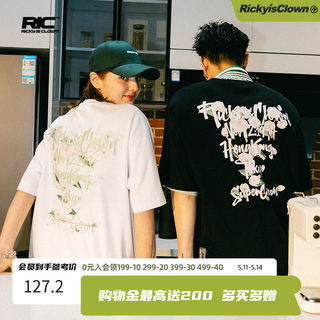 RickyisClown小丑白墨转烫印山茶花一血短袖T恤男潮情侣装夏装RiC