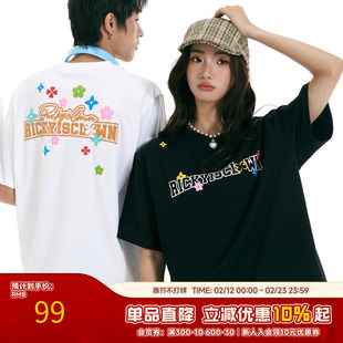 RIC趣味发泡印花短袖T恤男新款夏季潮牌美式宽松纯棉情侣装半袖女