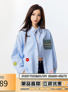 RIC 腊肠狗民族风小花长袖衬衫男秋季宽松情侣装衬衣多巴胺上衣女