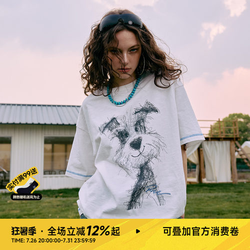RickyisClown潦草小狗竹节棉撞色印花短袖夏季潮宽松休闲百搭T恤