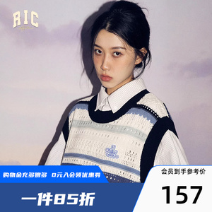 RickyisClownRiC 镂空撞色彩条钩针圆领马甲背心男秋款叠穿上衣