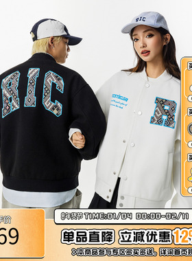 RIC民族风棒球服外套男秋季新款 潮牌宽松情侣黑色美式棒球夹克女