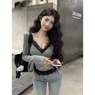 加绒开衫 新背心长袖 两 丝边胸吊2024春装 带祺成低qc5650辣妹风蕾款