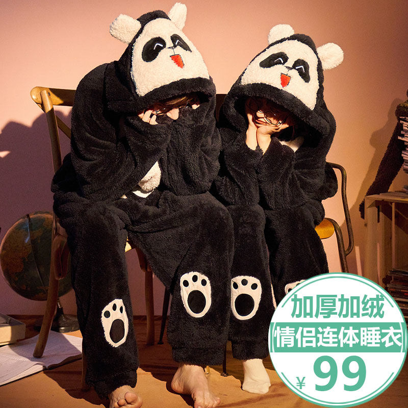 珊瑚绒情侣连体睡衣女秋冬季款套装加厚加绒法兰绒男士网红家居服
